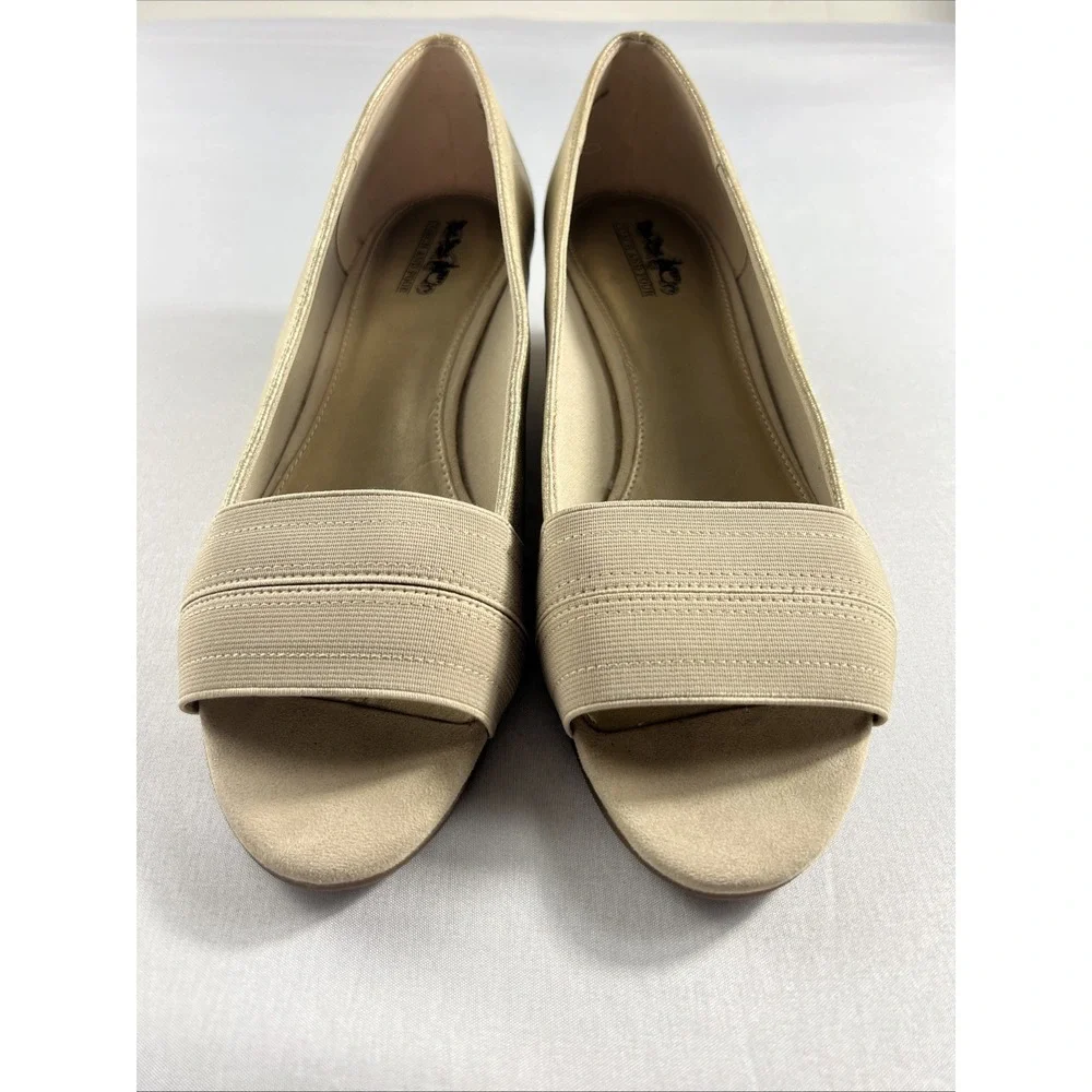 Coach and Four Louise Espadrille Wedge Beige Canvas Peep Toe Shoe Womens Sz 10